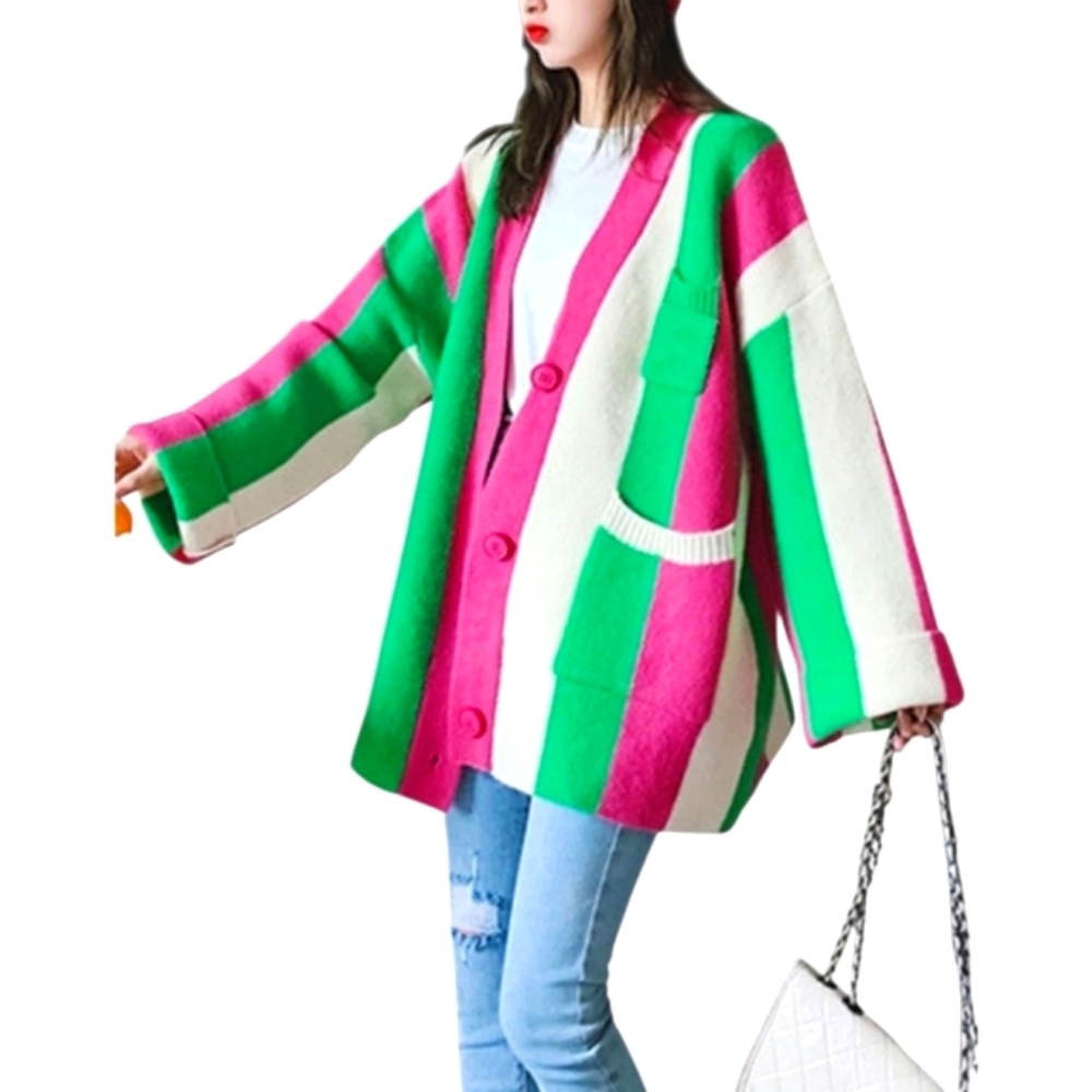Striped Oversized Color Block Chunky Knit Boho Cardigan Sweater